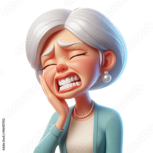 The old woman clutched her jaw, showing signs of severe toothache.