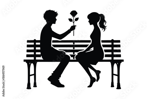 Couple sharing a romantic moment on a bench isolated on white background, Vector, illustration