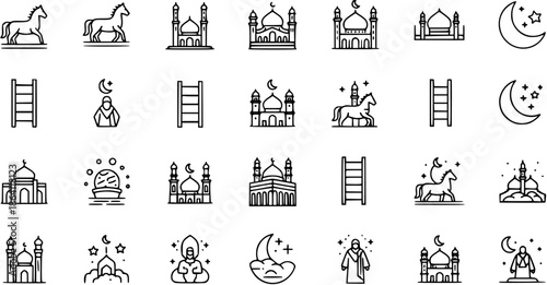 Islamic Isra Miraj Icons. Mosque, Buraq, Ladder, Moon, Star Symbols