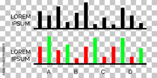 Two distinct bar charts illustrating data distribution with varying heights and colors on a transparent background.