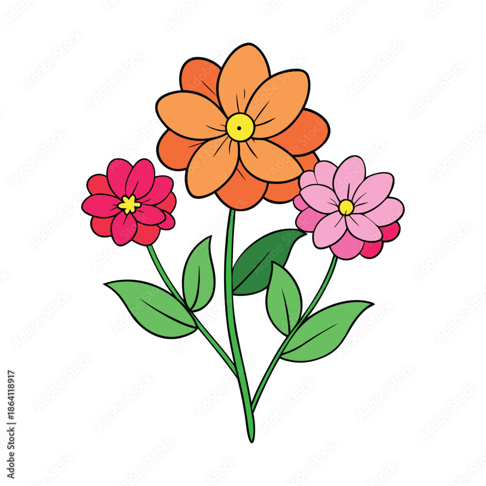 Fototapeta premium Bright, cheerful spring flowers doodled in playful colors, with whimsical petals, leaves, and stems creating a lively, joyful, hand-drawn garden scene. 