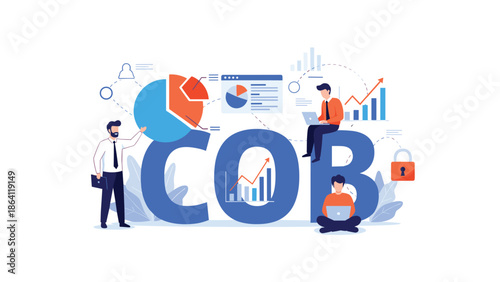 Modern flat illustration for the COB business acronym, showing a team working with financial data, charts, and security elements for end-of-day reporting.