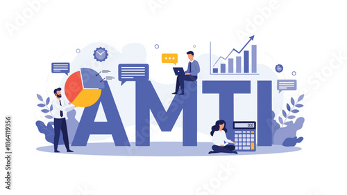 AMTI business concept with a team managing finances, analyzing data charts, and planning for growth around the central acronym.
