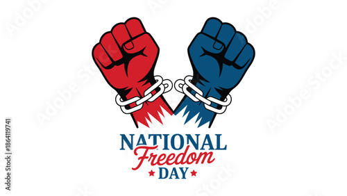 National Freedom Day illustration with raised fists in red and blue colors symbolizing unity, equality, civil rights, justice, strength and freedom celebration in america
