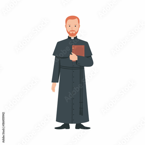 A priest dressed in traditional robes stands with a book in hand, symbolizing spirituality, faith, and the important role of clergy in guiding communities and individuals.