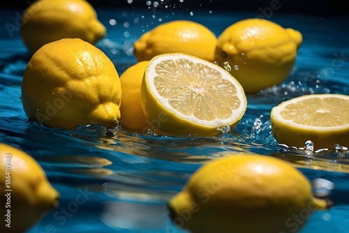 Vibrant Fresh Lemons Splashing in Cool Blue Water