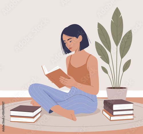 This image captures a young woman in a relaxed pose, engrossed in a book, surrounded by neatly stacked books and a decorative plant, embodying tranquility and learning.