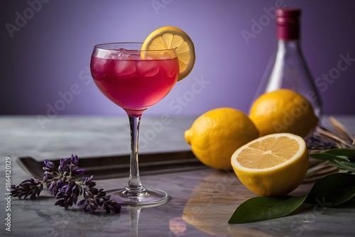Vibrant purple cocktail with lemons and lavender.