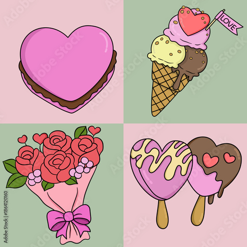 Valentine's Day decorative elements for card design, background patterns, and fabric patterns.