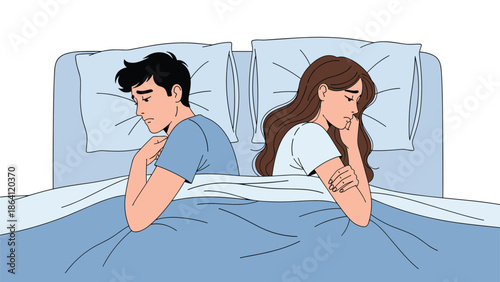 Unhappy couple in bed sitting back-to-back, illustrating relationship problems, conflict, disagreement, or a lack of intimacy and communication.