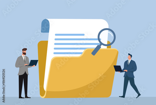 Document Management and File Search Flat Vector Illustration with Business People Using Laptops and a Magnifying Glass on a Folder, Document Organization, File Search, Data Analysis