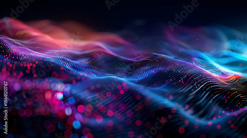 Conceptual visualization of a glowing human brain made of digital lines and particles representing artificial intelligence neural networks and deep machine learning processes