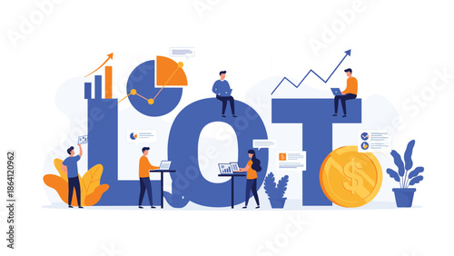 LOT business acronym concept showing a team managing finances, analyzing data with charts and graphs, and working on laptops for a project.