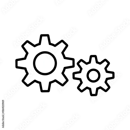 Two interlocking gears outlined in black on a white background, symbolizing mechanics, settings, and industrial processes.