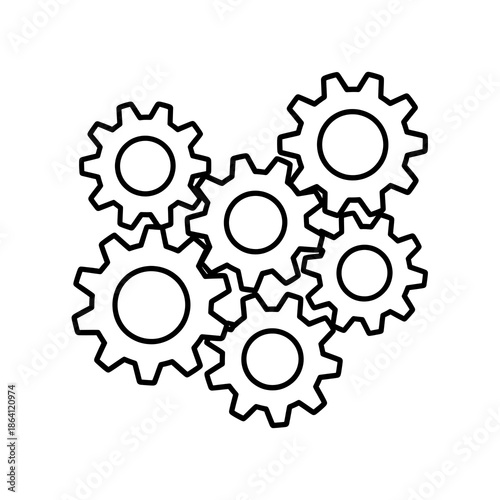 A black and white outline illustration of six interlocking gears, symbolizing mechanics, system, and teamwork.