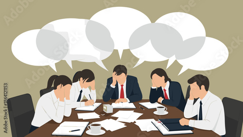 Business team in a stressful meeting, showing signs of burnout and communication blockage, with blank speech clouds indicating unspoken problems