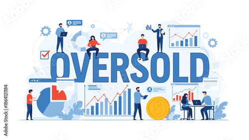 Oversold stock market concept with a team of traders and analysts working with declining charts and data, indicating a potential market rebound.