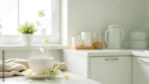 Wallpaper Mural Refreshing morning serenity A steaming hot cup surrounded by delicate white blossoms in a sunlit, clean kitchen interior Torontodigital.ca