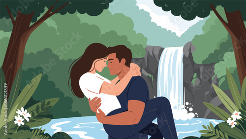 Romantic couple embracing in a lush green jungle, with the man holding the woman in his arms in front of a beautiful waterfall, symbolizing love and nature.