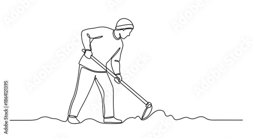 Man loosening soil with garden spade in minimalist line drawing  