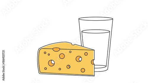 Simple line art illustration with color accents of a wedge of swiss cheese next to a glass of milk, representing dairy products and calcium.