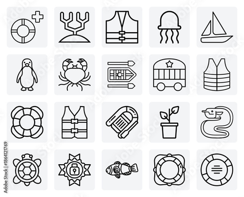 Ocean Safety And Underwater Life – A Life Jacket And Boat Paired With Coral, Eel, And A Seal For Thematic Visuals.