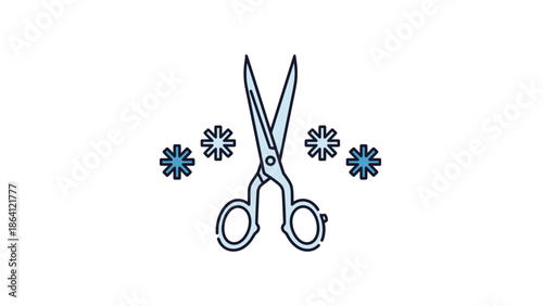 A pair of sharp, stylized scissors surrounded by snowflakes, an icon representing winter crafts, cutting, or the concept of a cold cut or freezing.