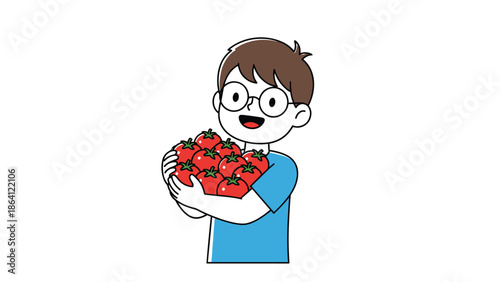 A happy boy with glasses smiling as he holds a large armful of fresh red tomatoes, illustrating harvesting, healthy eating, or gardening.