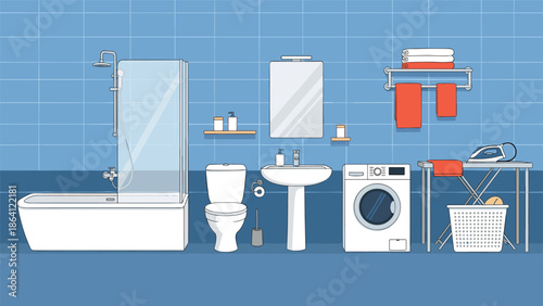 A complete modern bathroom interior with a bathtub, shower, toilet, sink, washing machine, and other furniture, shown in a clean flat design style.
