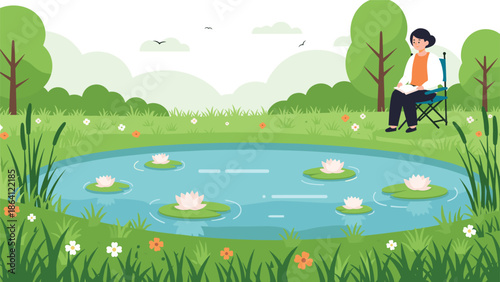 A woman peacefully reading a book while sitting in a folding chair by a serene pond with water lilies, surrounded by a lush green park landscape.