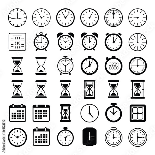 Collection of various timekeeping devices isolated on white background, Vector, illustration