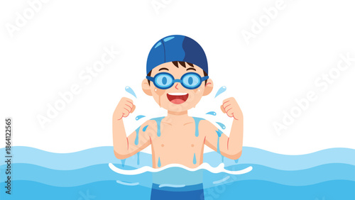 Happy young boy wearing a swimming cap and goggles, flexing his muscles joyfully in the water, illustrating children's swimming lessons.