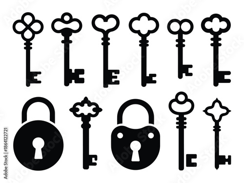 Collection of vintage keys and locks isolated on white background, Vector, illustration