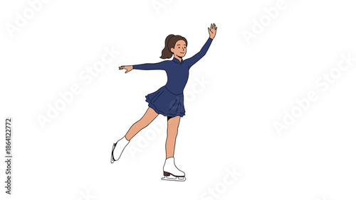 Elegant young female figure skater in a blue dress performing a graceful pose on ice skates, isolated on a white background.