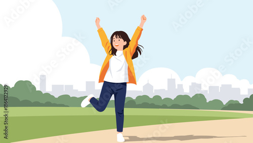 Joyful young woman with her arms raised in celebration, happily jumping in a city park on a beautiful sunny day with blue sky.