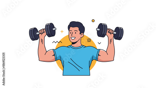 Happy and muscular young man in a blue t-shirt smiling while lifting two heavy dumbbells, illustrating strength and fitness training.