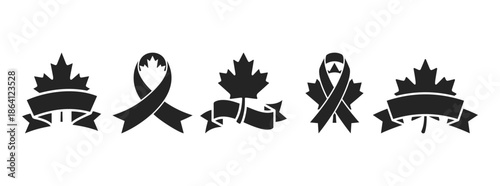 Collection of Canadian Maple Leaf Ribbon Icons for National Remembrance and Support Symbols, Black Silhouette Graphics for Canada Day and Commemoration