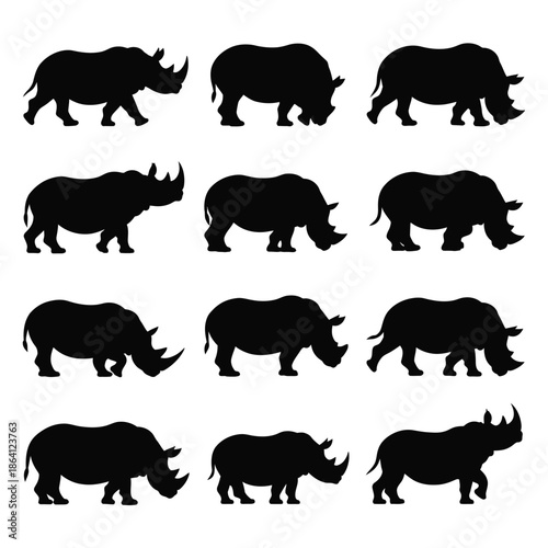Collection of rhino silhouettes isolated on white background, Vector, illustration
