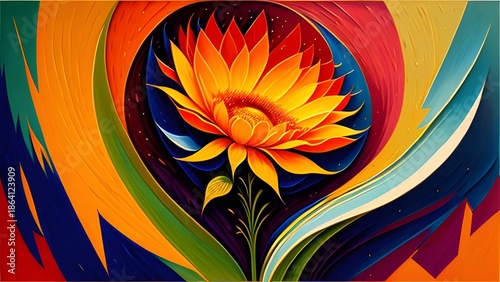 A bright sunflower with yellow petals is surrounded by vibrant, swirling waves.