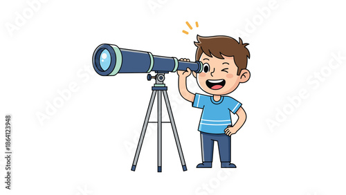 Curious and happy young boy winking while looking through a telescope on a tripod, exploring the stars and astronomy as a hobby.