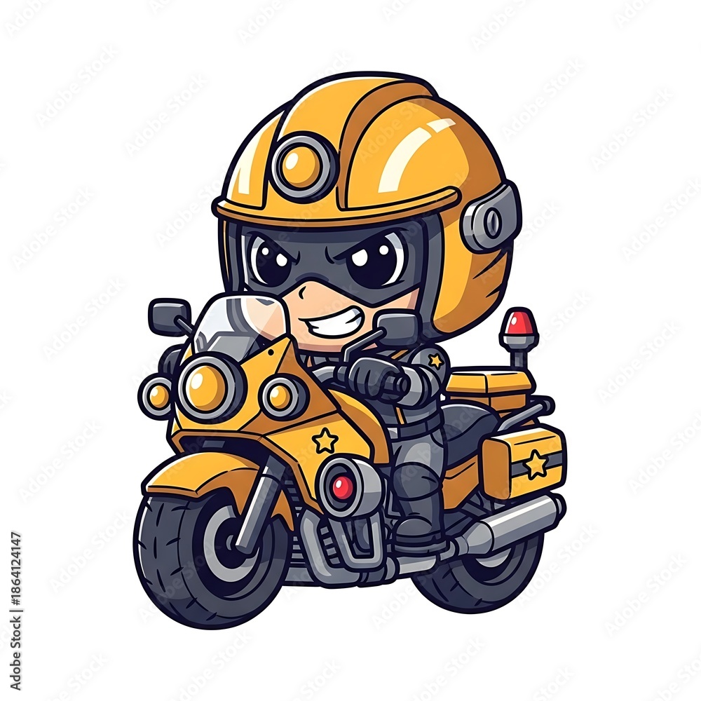Obraz premium Smiling cartoon police bear on motorcycle.