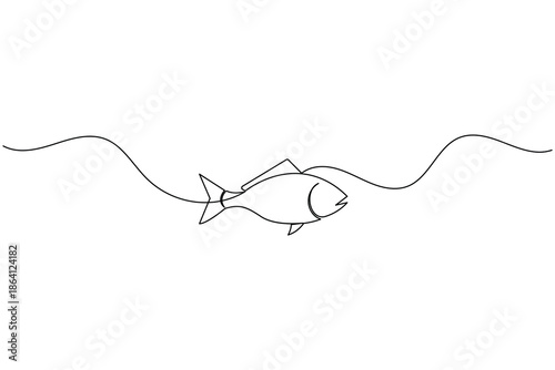 Minimalist single line drawing of a fish swimming in water waves