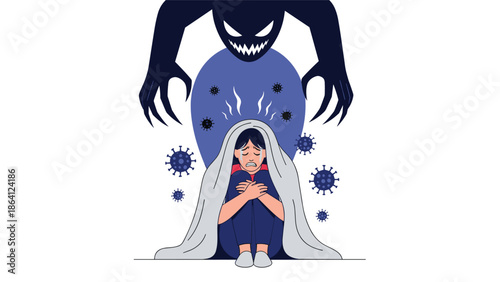 Terrified person hiding under a blanket from a scary monster shadow and coronavirus particles, symbolizing fear and anxiety.