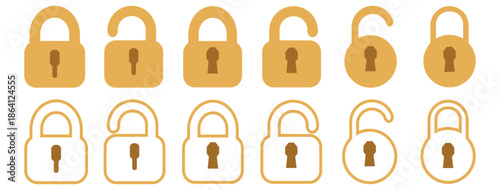 Security and privacy symbol. Set of security shield icons, security shields logotypes with check mark and padlock. Lock icon collection. Locked and unlocked black line icon set. Security shield.