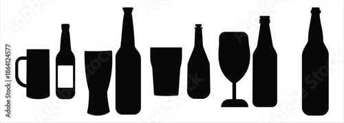 Alcohol Bottles and Drink Glasses Silhouette Set – Black and White Vector Bar Icons Isolated on Transparent Background