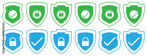 Set of security shield icons, security shields logotypes. Shield check mark icon . Protection secure lock vector sign. Shield with check mark icon set.  Safety shield symbols.
