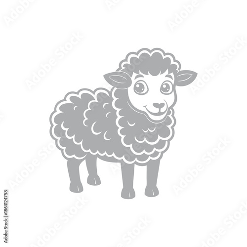 A cute cartoon illustration of a fluffy grey sheep standing on a white background.