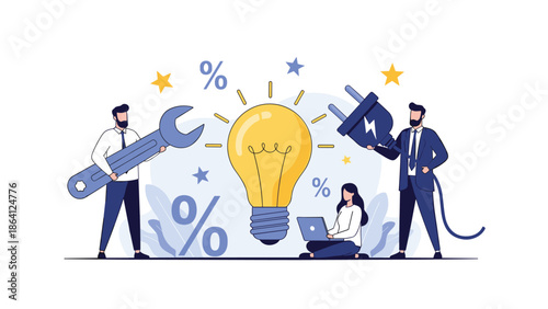 Team of business people working together with a giant lightbulb, wrench, and plug, symbolizing collaborative innovation and ideas.