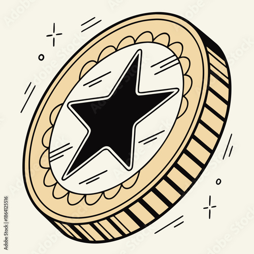 Reward coin icon with an abstract star cutout for loyalty programs, gaming achievements, and digital currency symbols in apps