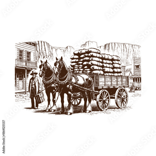 A man standing next to horse drawn wagon in front of old buildings